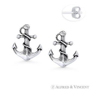 Ship Anchor & Rope Nautical Charm Stud Earrings in Oxidized .925 Sterling Silver